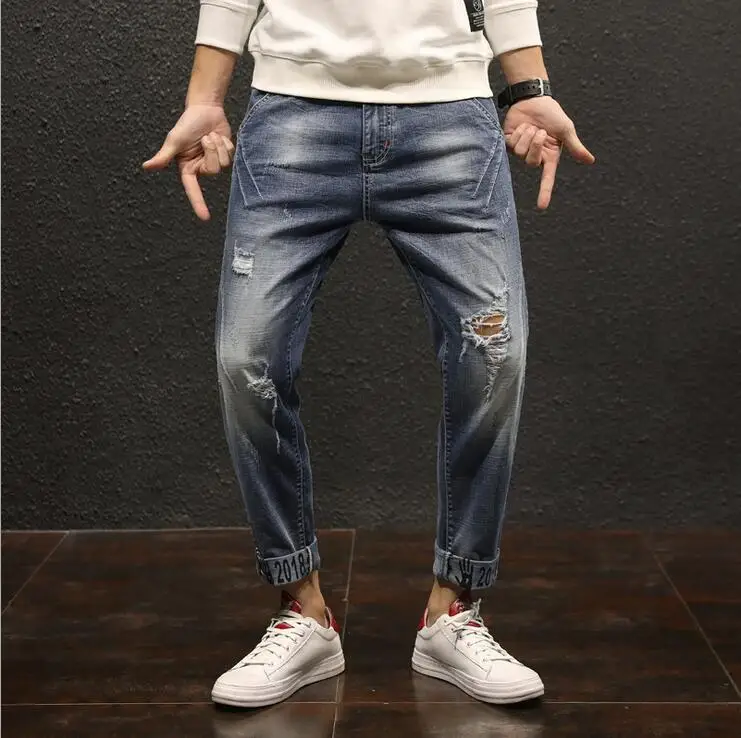 

2018 New Men's Jeans Spring Summer Men's Tide Brand Holes Trousers Boys Elasticity Slim Pants Cropped Jeans Man Large size pants