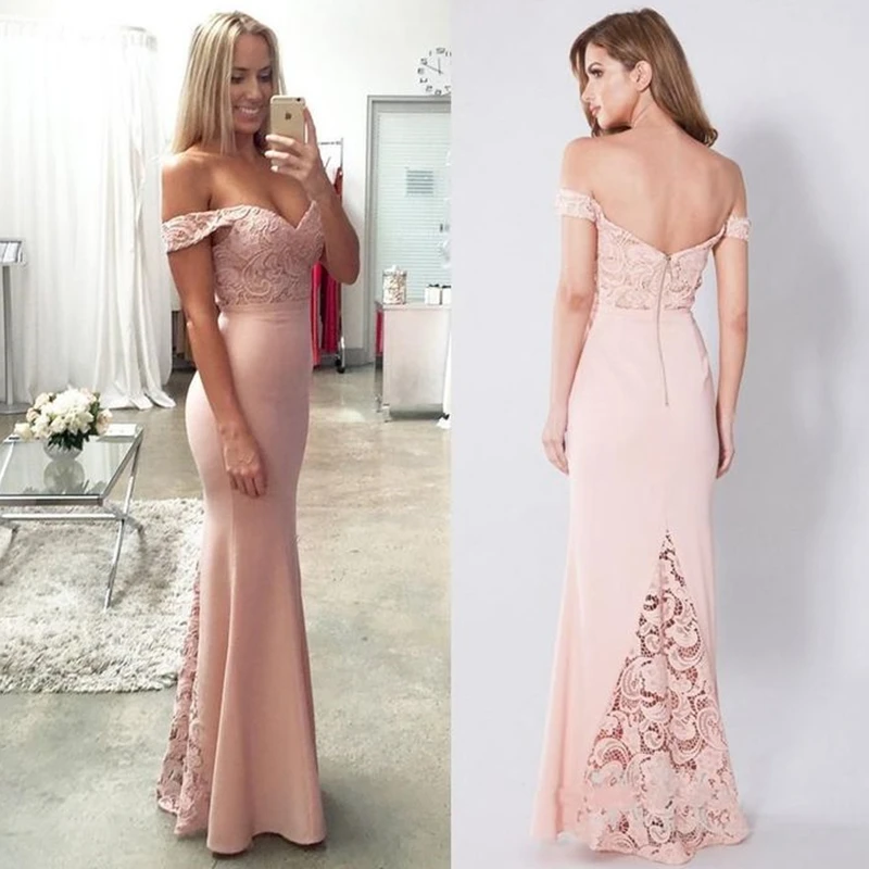 

Off Shoulder Long Prom Dresses Sheath Open Back V Neck Sleeveless Lace Applique Evening Formal Party Dress Vestido De Fiesta