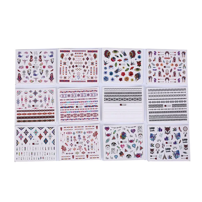 

12pcs/pack Bohemia Charming Feather Dream Catcher Nail Art Sticker Water Transfer Tattoo Manicure Flowers Decals Mixed Random