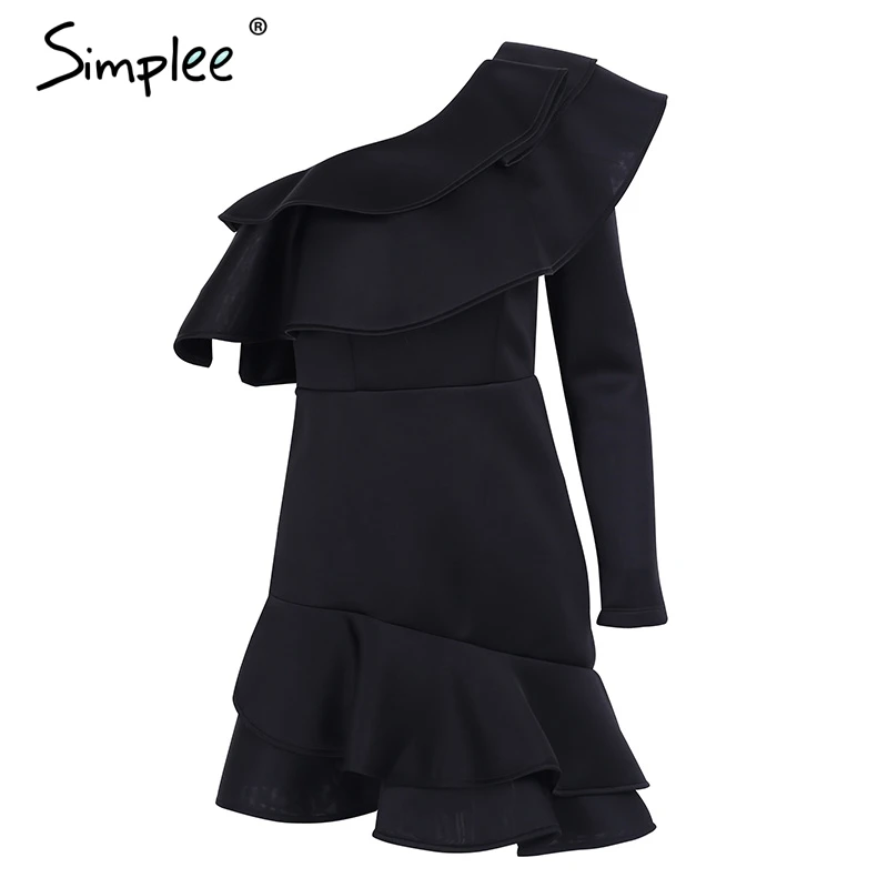 Женское осеннее облегающее платье Simplee, на одно плечо, элегантное пикантное вечернее клубное платье по фигуре, с длинным рукавом и оборками - Цвет: Черный