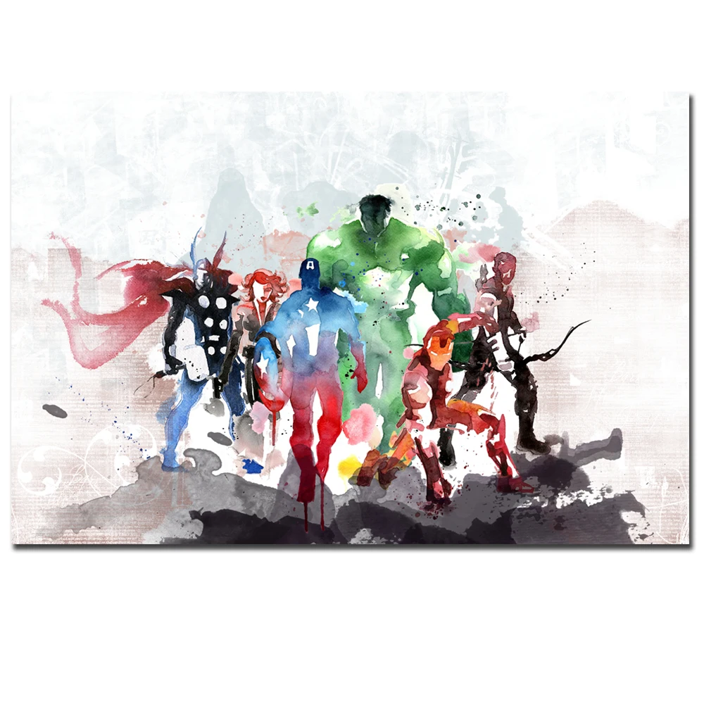 Watercolor Marvel Poster Superheros Hulk Iron Man Thor Wall