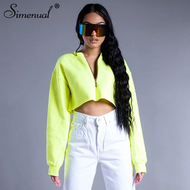 Simenual Neon Color Zipper Women's Sweatshirt Long Sleeve Streetwear Cropped Sweatshirt Casual Basic Solid Fashion Hoodies 2019
