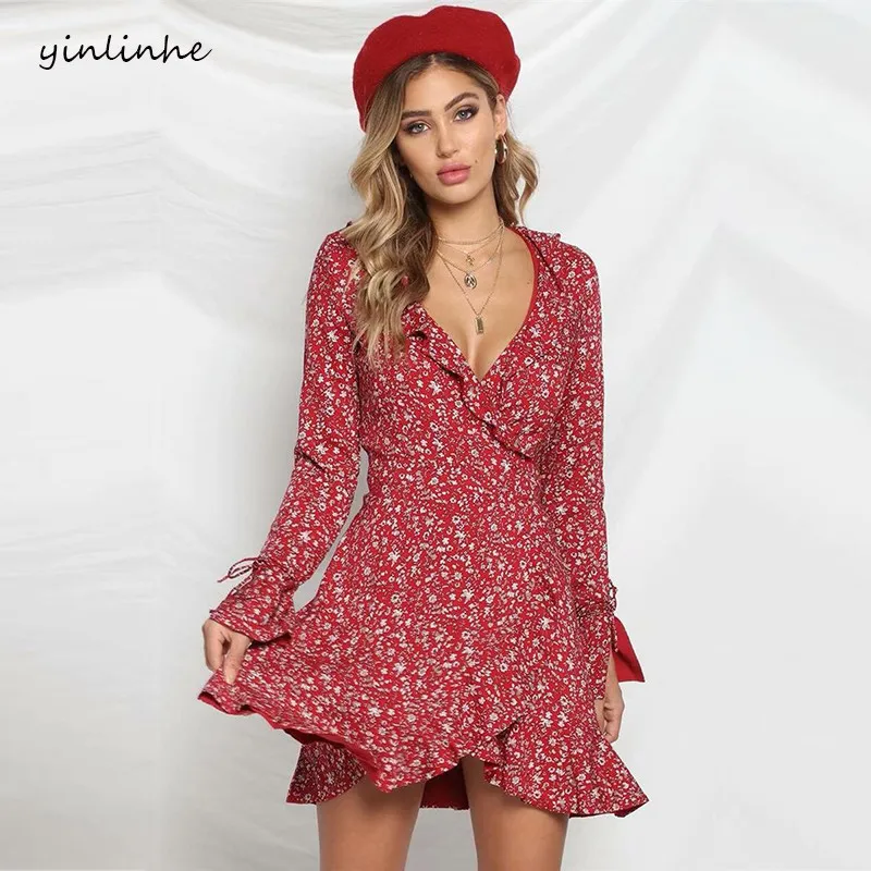 

yinlinhe 2019 Red Floral Spring Dress Women Long Sleeve lace up V neck Wrap Dress cotton Belt slim Sexy ruffles Dresses 708