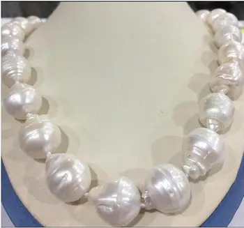 

free shipping Large 15-23mm White Unusual Baroque Pearl Necklace disc Clasp/