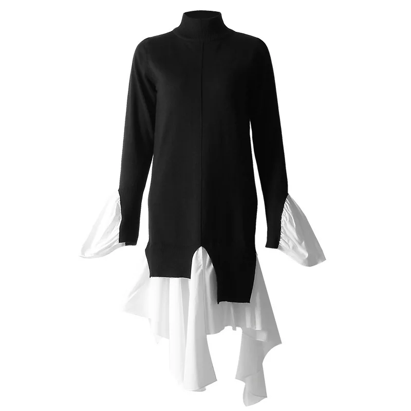 [EAM] новое осенне-зимнее платье с высоким воротником и длинным рукавом, черное плиссированное платье с неровным вязаным швом, Женская мода TideJO003 - Цвет: Black