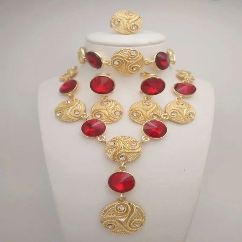 

Kingdom Ma Gold Color Nigerian Wedding African Beads CZ Jewelry Sets Red Crystal Bracelet Earring Ring Jewelry Sets