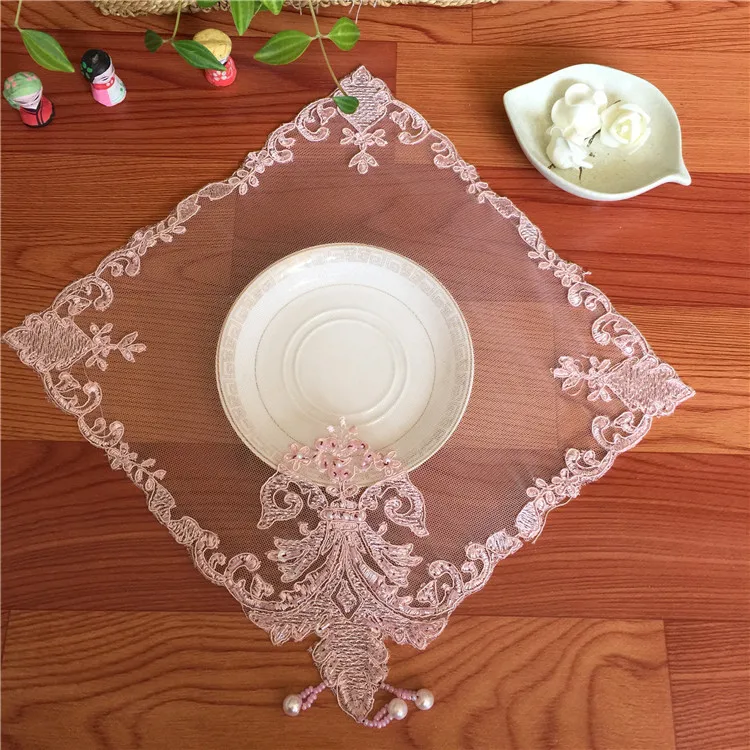 

Korean Tulle Lace Pink Doily Glitter Beads Napkins Tassel Sequins Embroidery Dish Mug Mat Coffee Cup Coaster Pad Wedding Kitchen