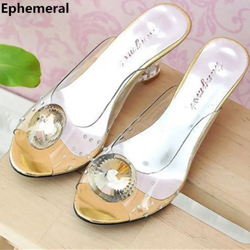 

Lady's Plus size EU42 43 Transparent Crystal Wedges High Heels Sandalias Party Wedding Peep Toe Shoes Women Pumps Cidella Slides
