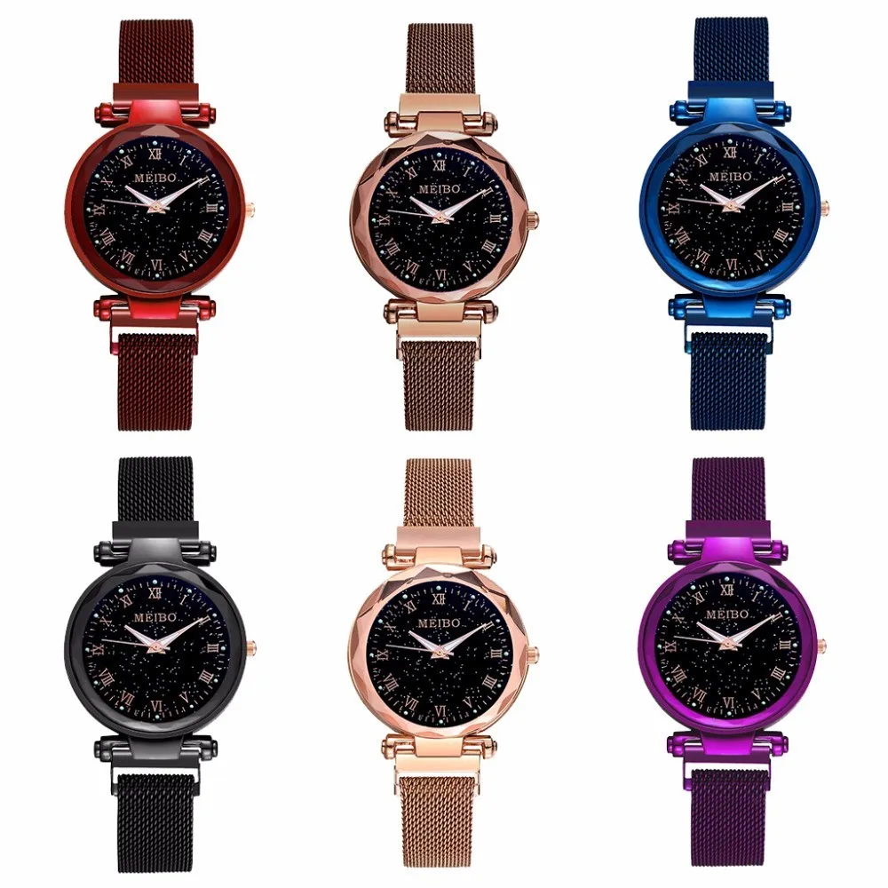 Women Mesh Magnet Buckle Starry Sky Watch Luxury Ladies Geometric Surface Roman Dial Quartz Relogio Feminino|Женские часы| |