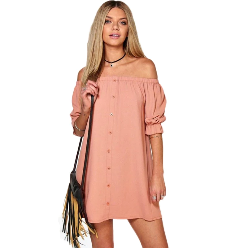 Sexy Slash Neck font b Dress b font Autumn Casual Half Puff Sleeve Mini font b