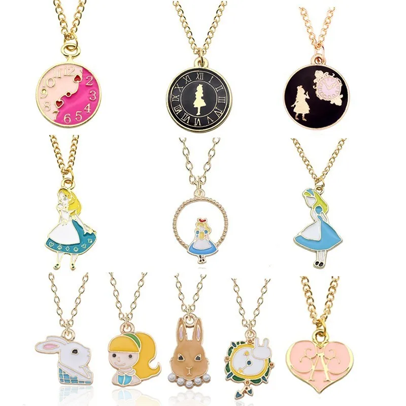 

Alice In Wonderland Jewelry Sweet Enamel Cartoon Fairy Goddess Clock Rabbit Charm Pendants Animal Necklaces For Women Girl Colar