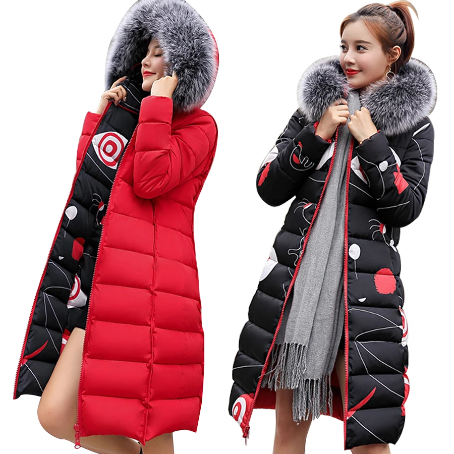 MANDADI winter clothes women fashion cotton padded winter coat women fur collar outerwear hooded print long jacket female