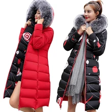 MANDADI winter clothes women fashion cotton padded winter coat women fur collar outerwear hooded print long jacket female