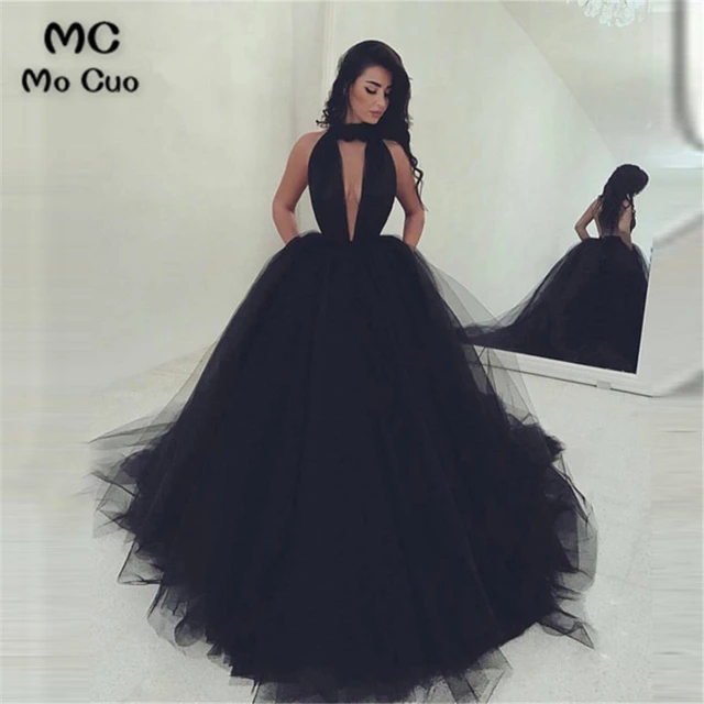 In Stock 2018 Ready To Ship Evening Prom Dresses Vestidos De Fiesta Sleeveless Tulle Deep V-neck Black Evening Dress - Evening Dresses - AliExpress