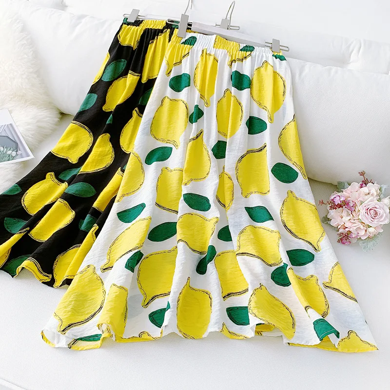 Летнее Новое поступление Женская длинная юбка трапециевидной формы в Корейском стиле с рисунком лимона из хлопка