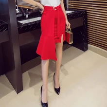 Высокая Талия модные женские туфли юбка плюс Размеры Асимметричный Drawstring облегающая юбка красные, черные женские пикантные открытые разрез Повседневная юбка