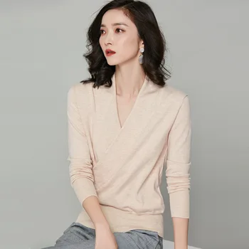 

womens top Cotton kintting long sleeve V-neck sweater cashmere blended all match tee white black n t shirt women bts