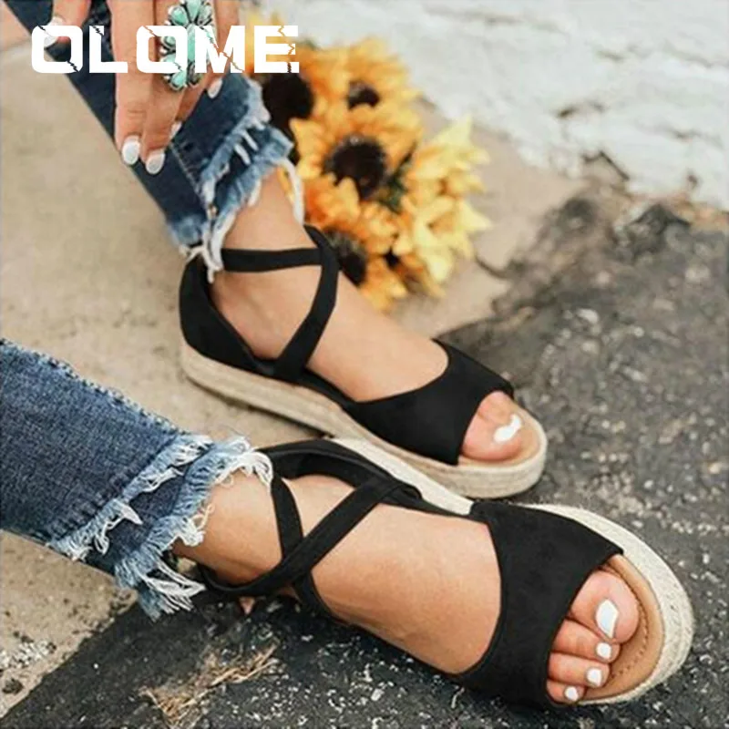 

OLOME 2019 New Women Sandals Fashion Peep Toe Buckle Design Roman Sandals Women Flat Shoes Summer Beach Ladies Shoes Sandals