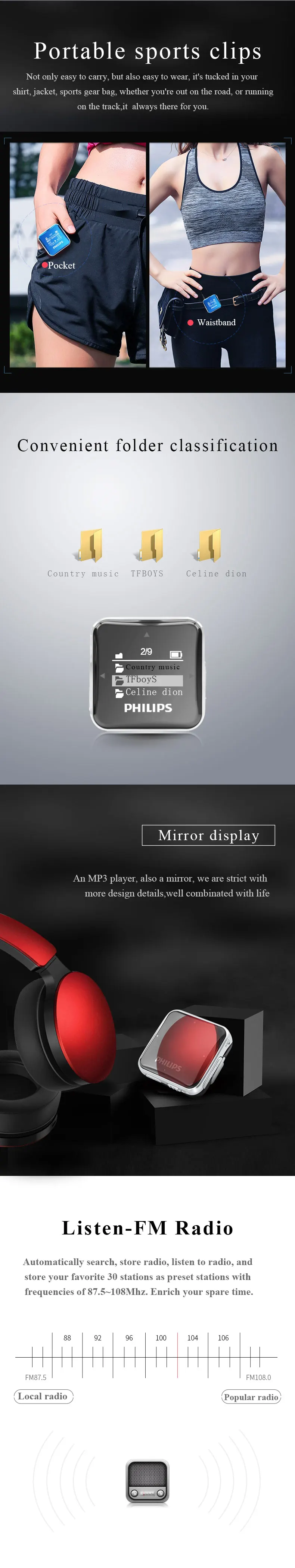 Philips мини MP3 плеер Спорт Полный звук большой экран с функцией записи/FM радио бег назад Клип Музыка SA2208