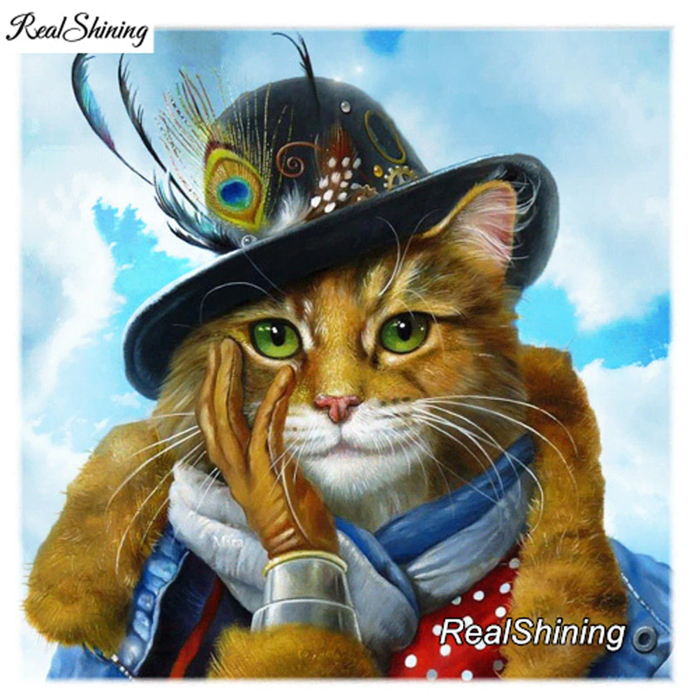 

REALSHINING Full Square Diamond 5D DIY Diamond Painting Cat Hat 3D Embroidery Cross Stitch Mosaic Painting Home Decor DM39