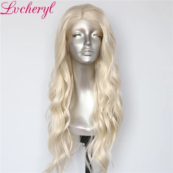 

Lvcheryl Natural Long Wavy Platinum White Blonde Hand Tied Full Density Heat Resistant Hair Synthetic Lace Front Wigs for Women