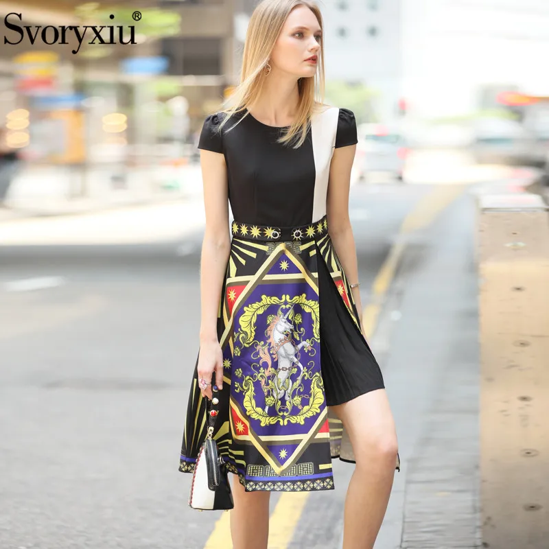 

Svoryxiu Runway Designer Summer Fashion Dress Women's Elegant Black White Color Matching Printed Knee-Length Dress Vestdios