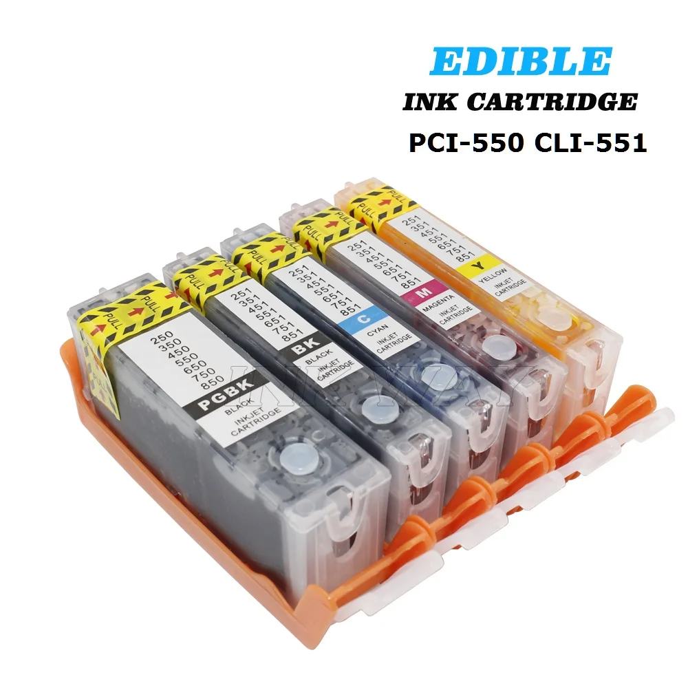 

XIMO 5SETS 25 PACK EDIBLE INK CARTRIDGES PGI-550 CLI-551 for Canon PIXMA IP8750 MX725 MX925 MG5450 MG5550 MG6350 IP7250 etc.