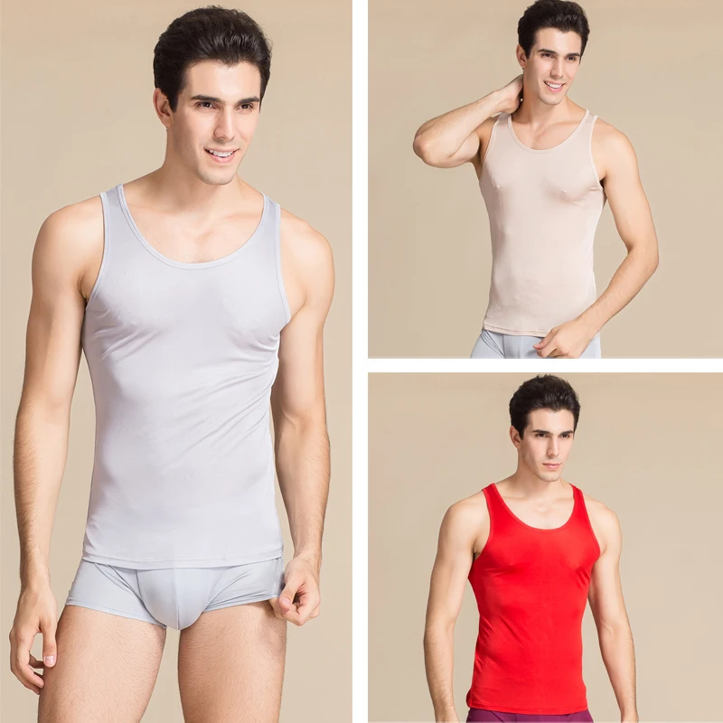 Men's High Quality Nature Silk Sleep Tops Male Sleepwear Sleeveless Solid Loose Plus Size