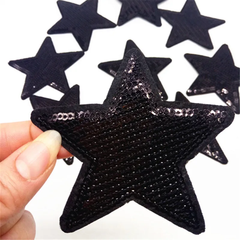 

Wholesale 10Pcs Black Star Sequins Patches For Clothing Iron On Patch Embroidered Appliques DIY Apparel Sewing Sequins Stickers