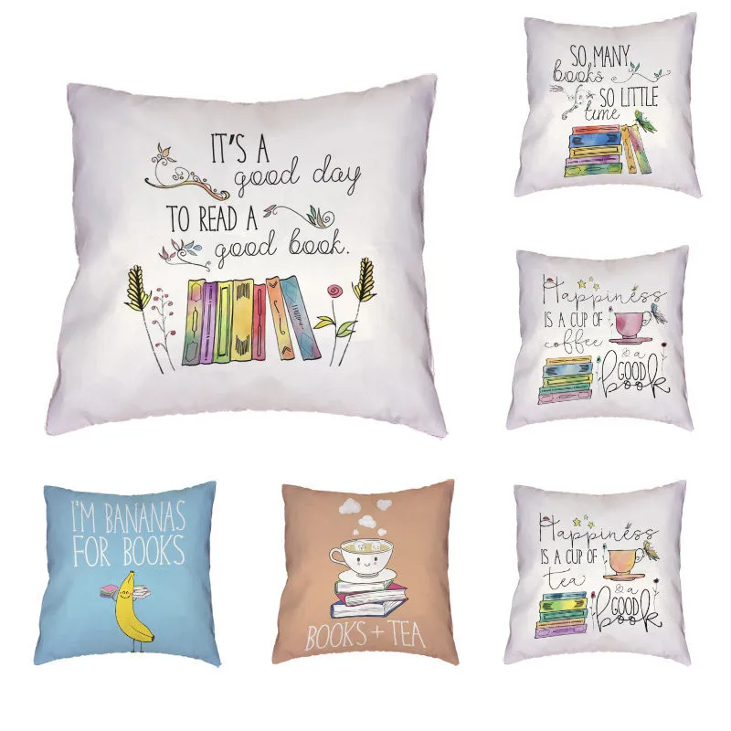 

Personality Book Pattern Cushion Cover Polyester Peach Skin Colorful Letter Butterfly Puppy Butterfly Simple Pillow Decoration
