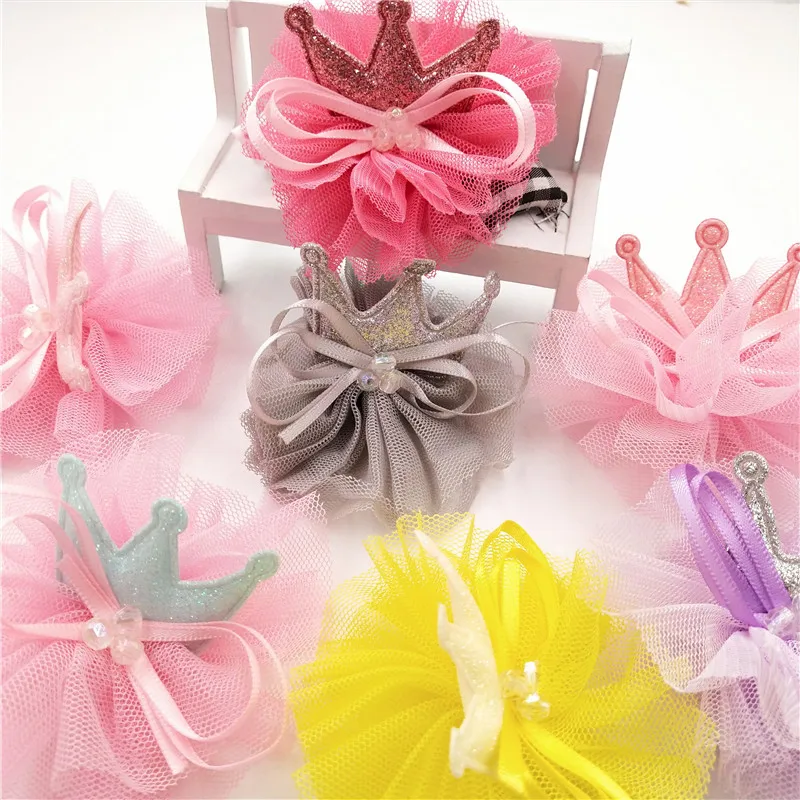 

2pcs/lot 7*5.5cm Crown with tulle Padded Appliques For Clothes Sewing Supplies DIY Children Headwear Accessories