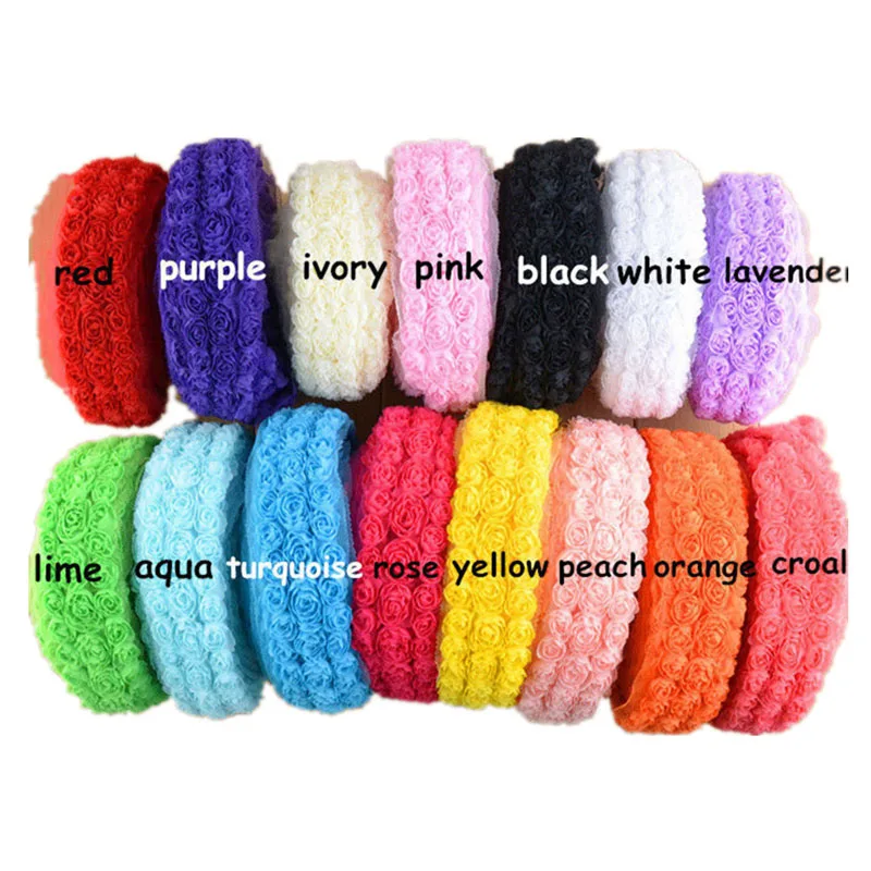 

Multi-colors 3 Rows Fabric Chiffon Rose Flowers Trim by Yard DIY Flowers Headband Baby Girl Hiarband Wedding Dress Hat Accessory