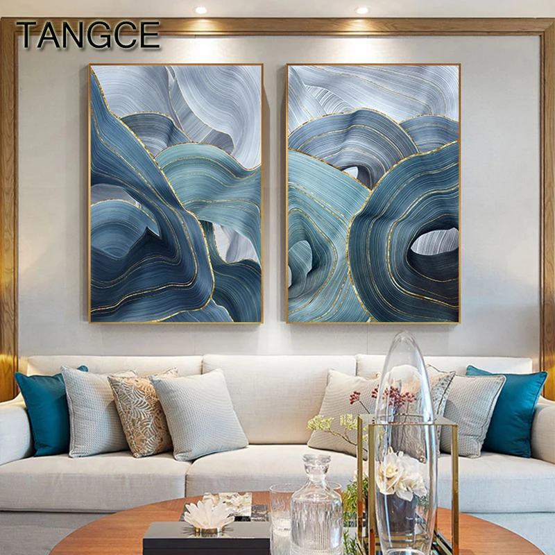 Pittura su tela argento astratta stampa Poster blu dorato quadri moderni  immagini per pareti per soggiorno camera da letto decorazioni per la casa -  AliExpress