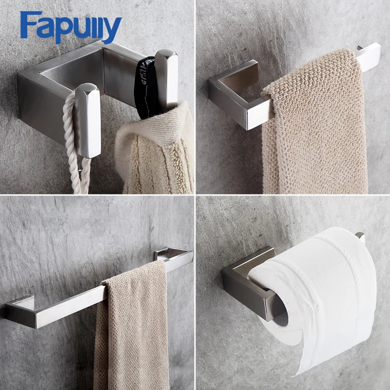 Stainless Steel Bathroom Hardware 4pcs Set Paper Wall Holder Robe Hook Towel Bar