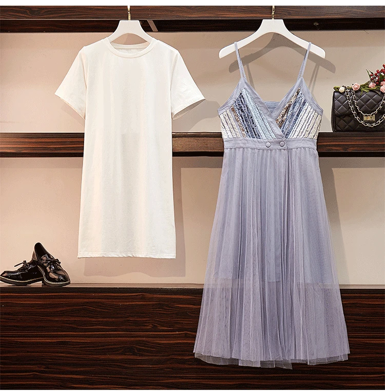 Summer Dress Two Piece Set Woman Mid Long T-Shirt+ Sling Sequins Patchwork Gauze Skirt Lady Girls Skirts Set Blue Black