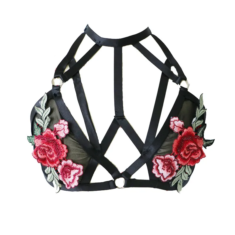 Vintage Ladies Mesh Bra Embroidery Rose Flower Bralette Sexy Halter