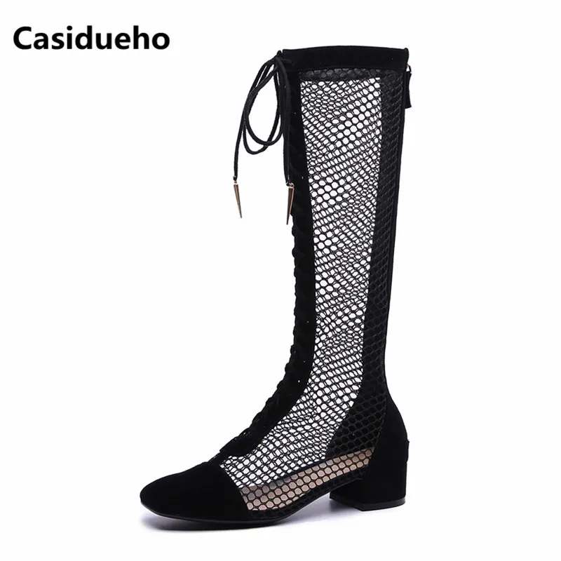 Casidueho Women Long Boots Summer Gladiator Sandals Women Fashion Lace Up Knee High Booties Square Toe Lace Up Dress Shoes Botas