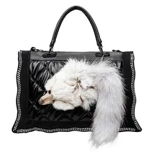 New Fashion Women Black Leather Shoulder Bag Luxury Fox Fur Lady Diamond side Decoration Messenger Handbag high quality