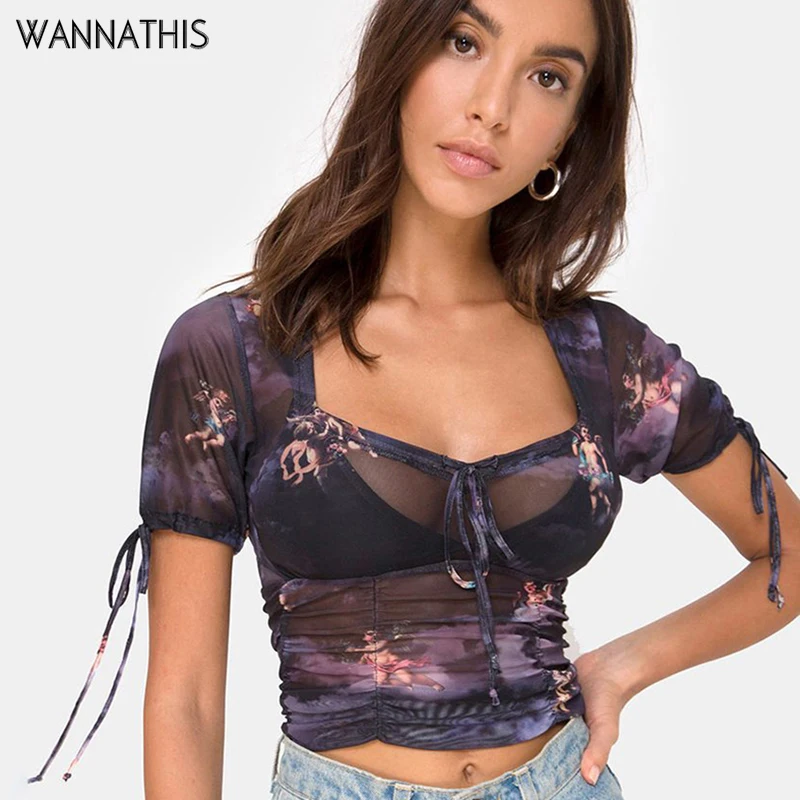 

WannaThis Mesh Women t-Shirt See-Through Slash Neck Angel Pattern Print Slim Pleated Fashion Casual Streetwear Sexy Crop Top
