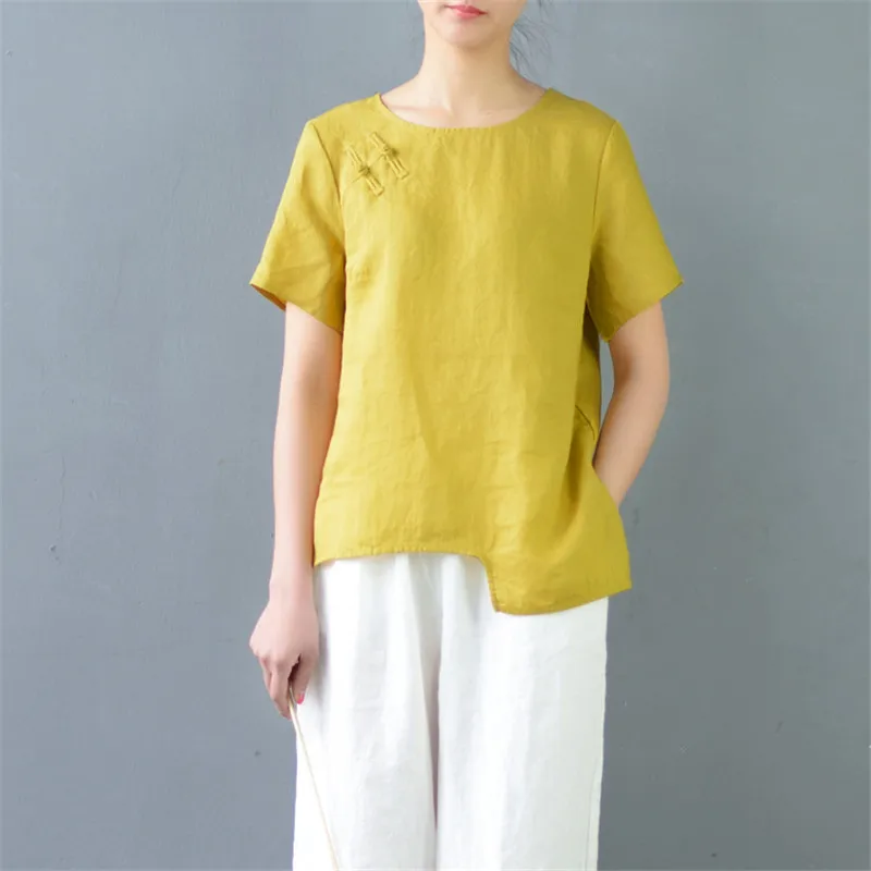 

SCUWLINEN 2019 Summer Women Tops Vintage Solid Plate Buttons Short-sleeve Irregular Ramie T-shirt All-match Camisa Feminina S543