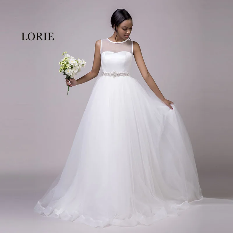 

LORIE Beach Wedding Dresses O-Neck Beaded Sashes Princess Tulle Cheap Bridal Dress Free Shipping White wedding Gown Custom Made