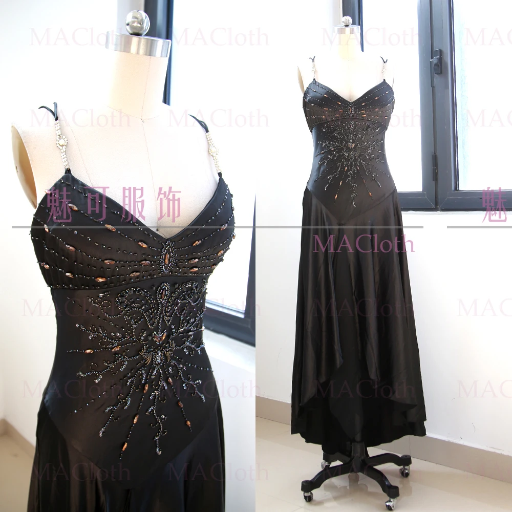 Черный A-Line V шеи Чай-Длина Бисер шелковое платье M 261241