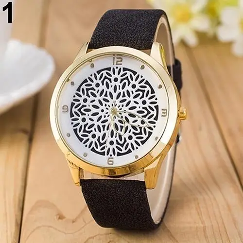 

Faux Leather Women Girl Hollow Flower Quartz Analog Dress Wrist Watches Xmas Gift