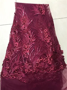

african lace fabric wine with Beads sequins latest high quality african tulle lace fabric 5yard 2018 african guipure lace fabric