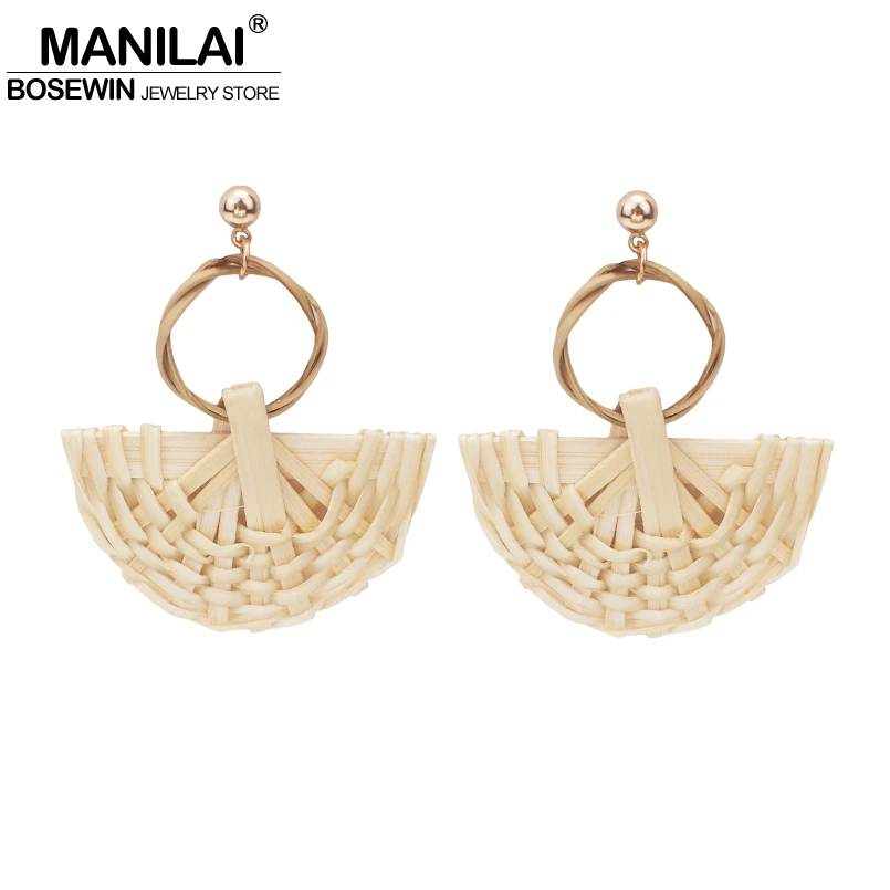 

MANILAI Wood Straw Weave Rattan Fan Dangle Earrings For Women Charm Fashion Wedding Party Gift Statement Earrings Jewelry