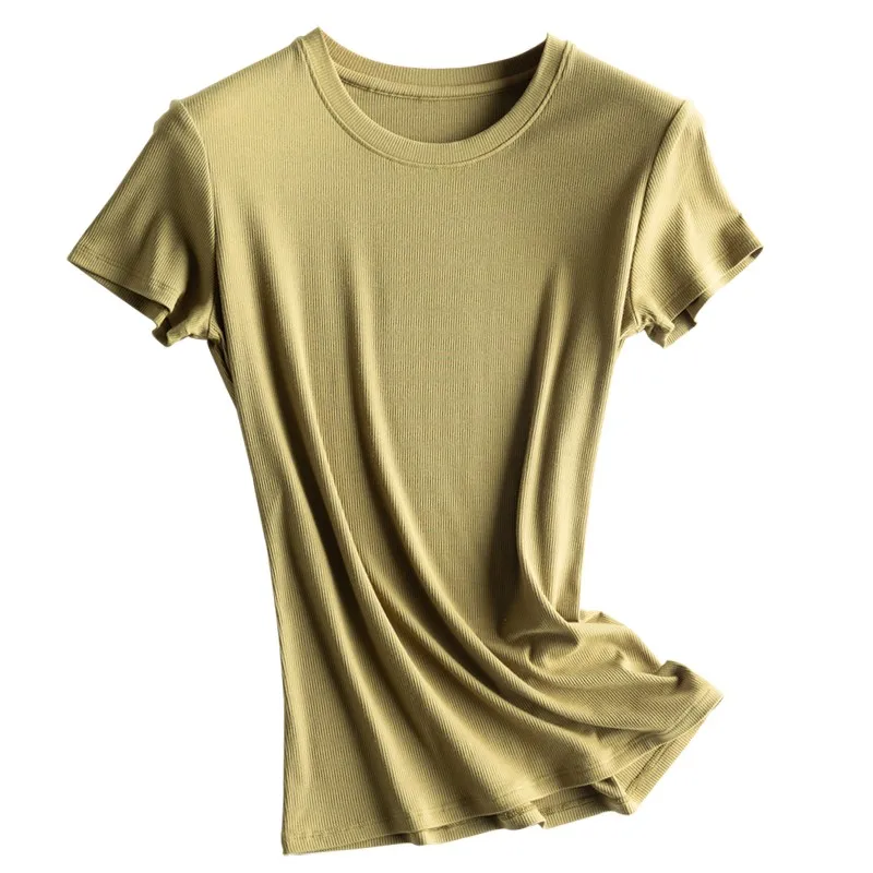 Высококачественная Женская трикотажная футболка с круглым вырезом Morandi разных цветов, легкая в уходе футболка с коротким рукавом, весна-лето, одежда для отдыха с v-образным вырезом - Цвет: 02 O Olive