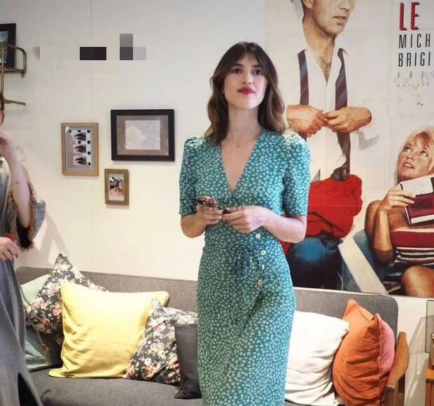 

100% viscose summer sweet fresh lady floral print jeanne damas waist button fresh ladies midi length wrap dress with belt