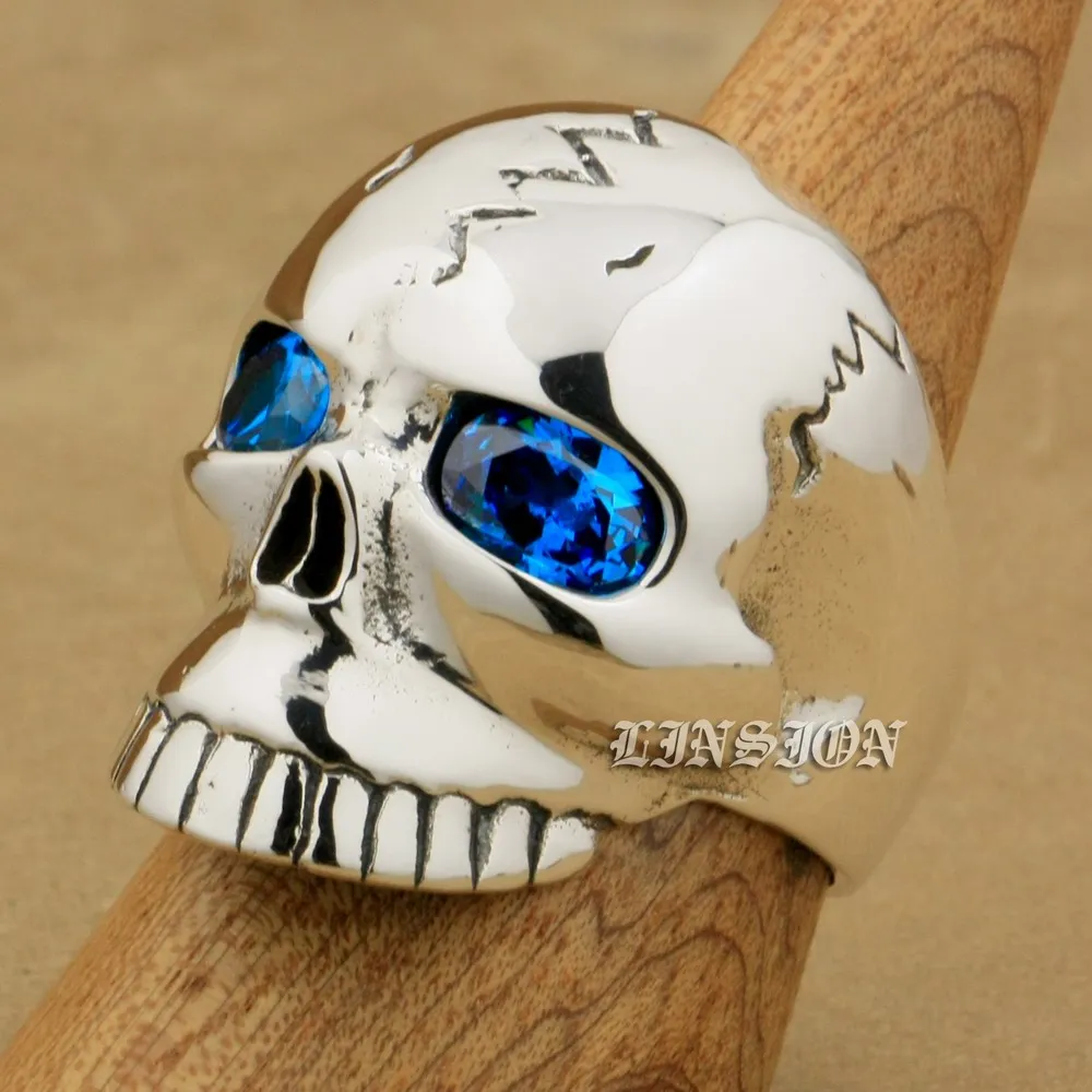 

925 Sterling Silver Huge Heavy Blue CZ Eyes Skull Mens Boys Biker Rock Punk Ring 9M109 US Size 8~15