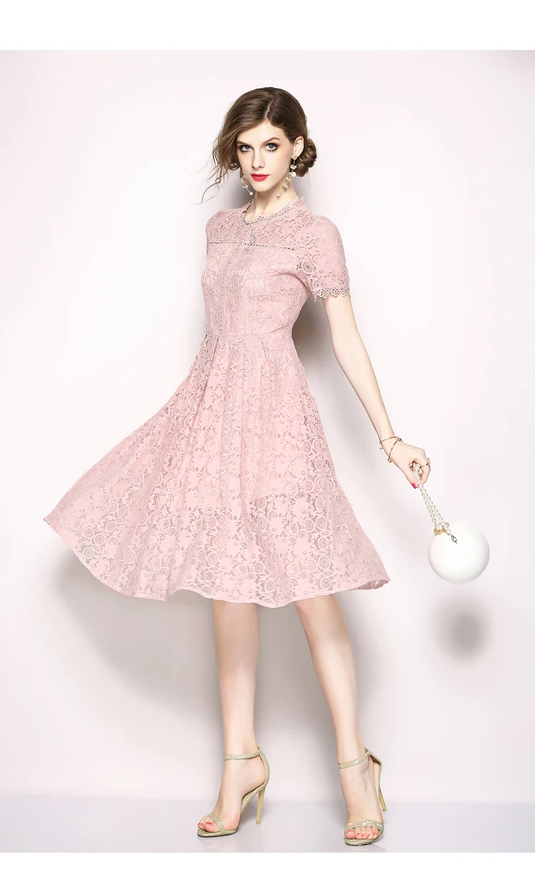 Pink Lace Knee-length Office Work Dress