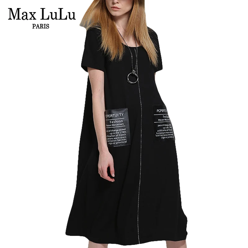 Comprar Max LuLu de talla grande de moda de marca europea Vestidos largos casuales con cremallera bolsillos de verano de las señoras Maxi vestido negro 5XL